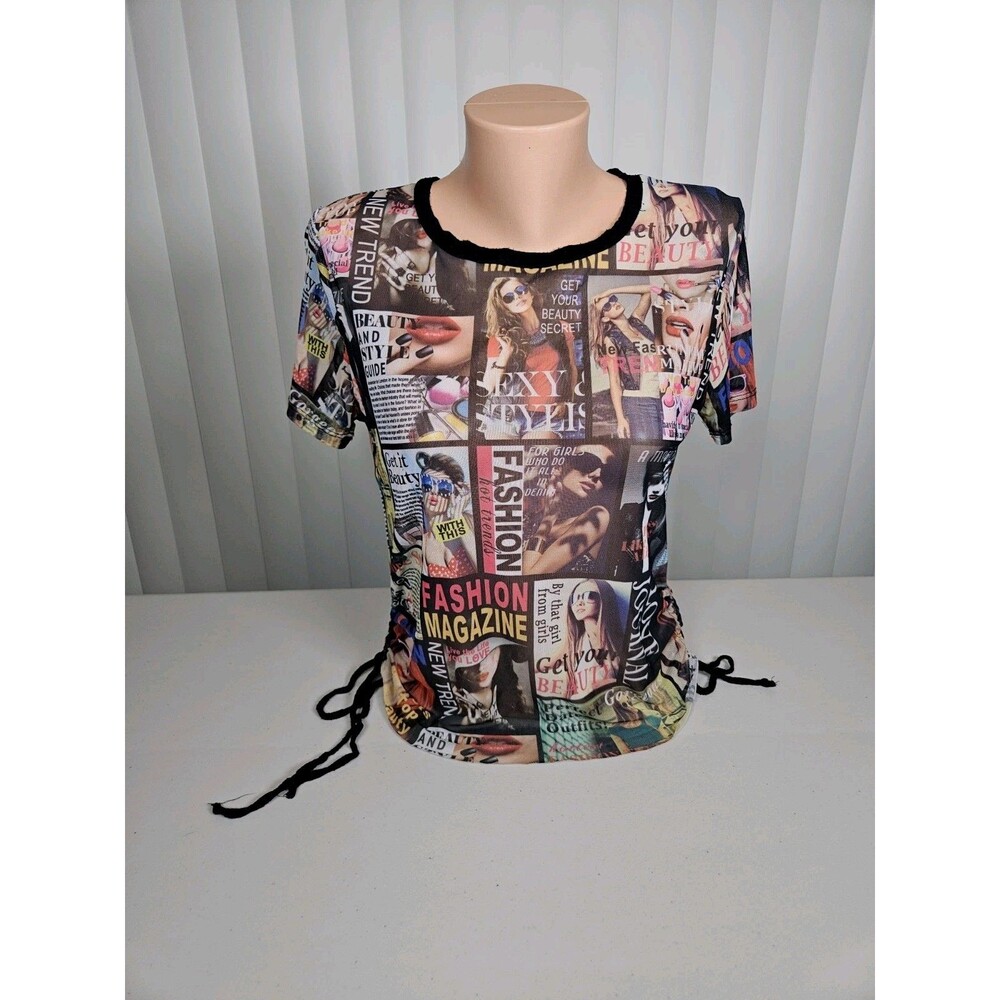 Y2K Newsprint Mesh Baby Tee Ruched Collage Top Medium Cyber Grunge Whimsigoth